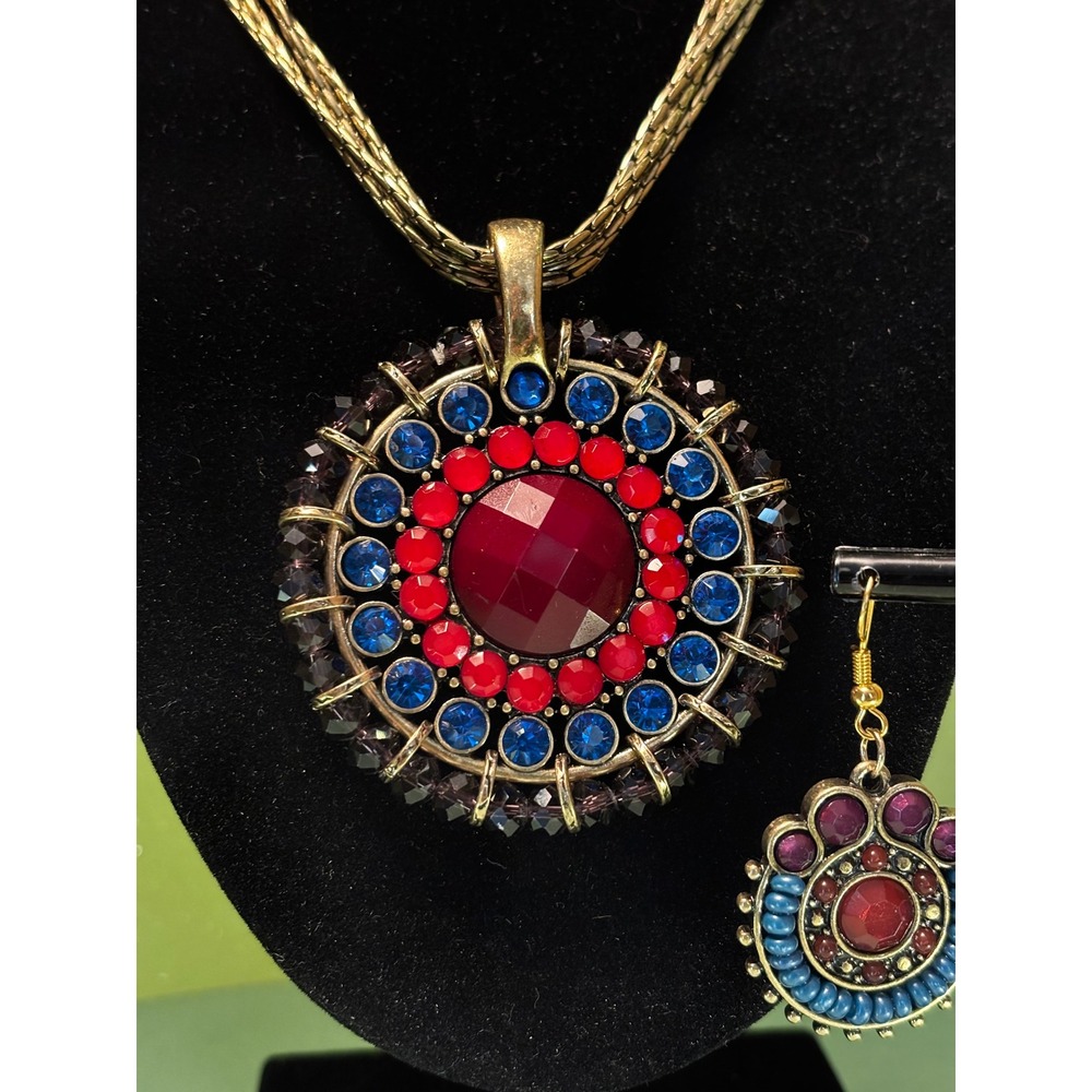 Boho Bronze Tone Red Blue Crystal Statement Pendant Necklace and Earring Set - Picture 5 of 8